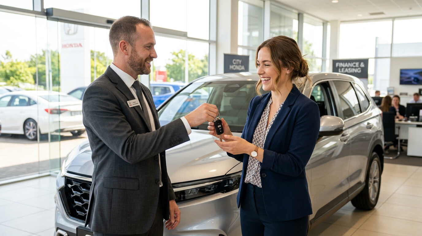 Person receiving keys for their first car purchased with finance in Australia