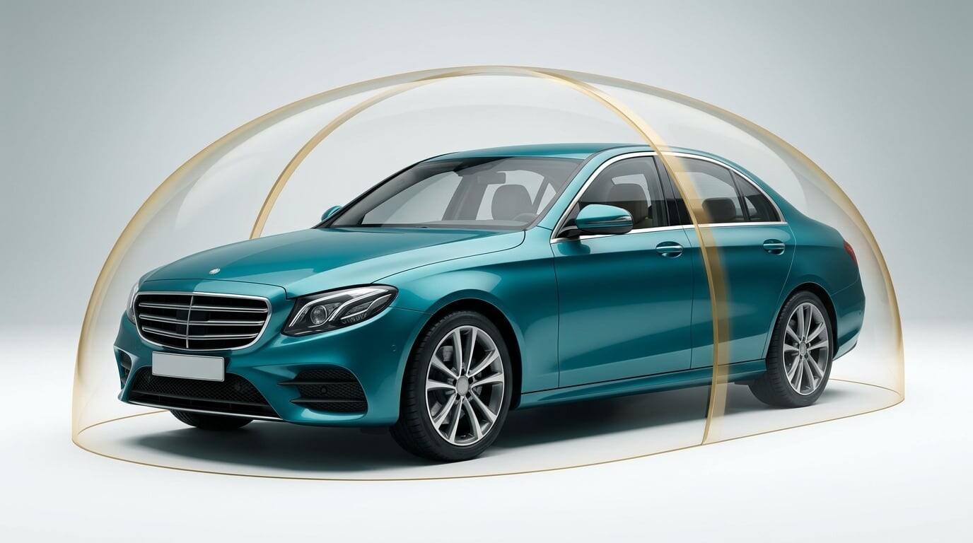 Modern car under a teal protective shield representing insurance and warranty coverage