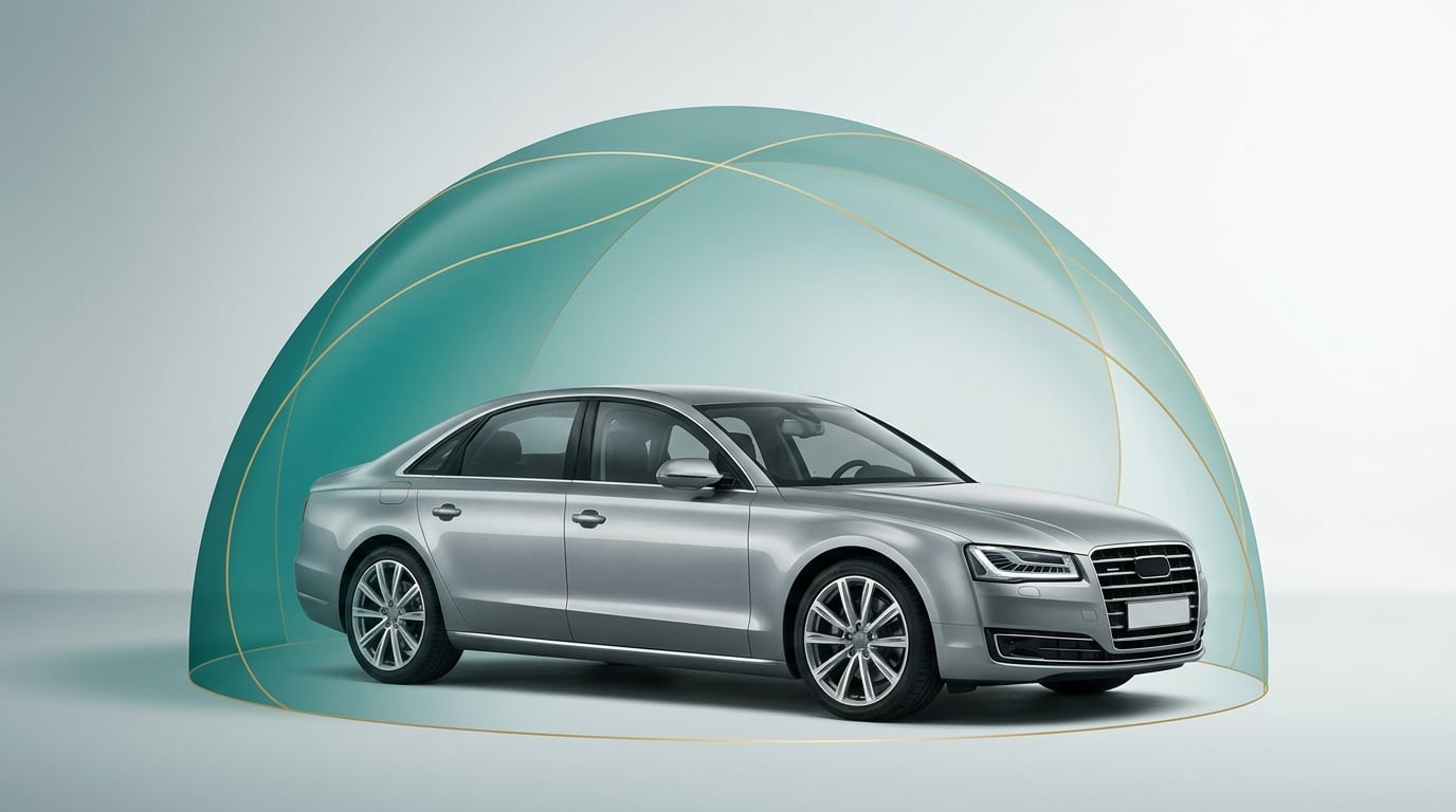 Modern car under a teal protective shield representing insurance and warranty coverage