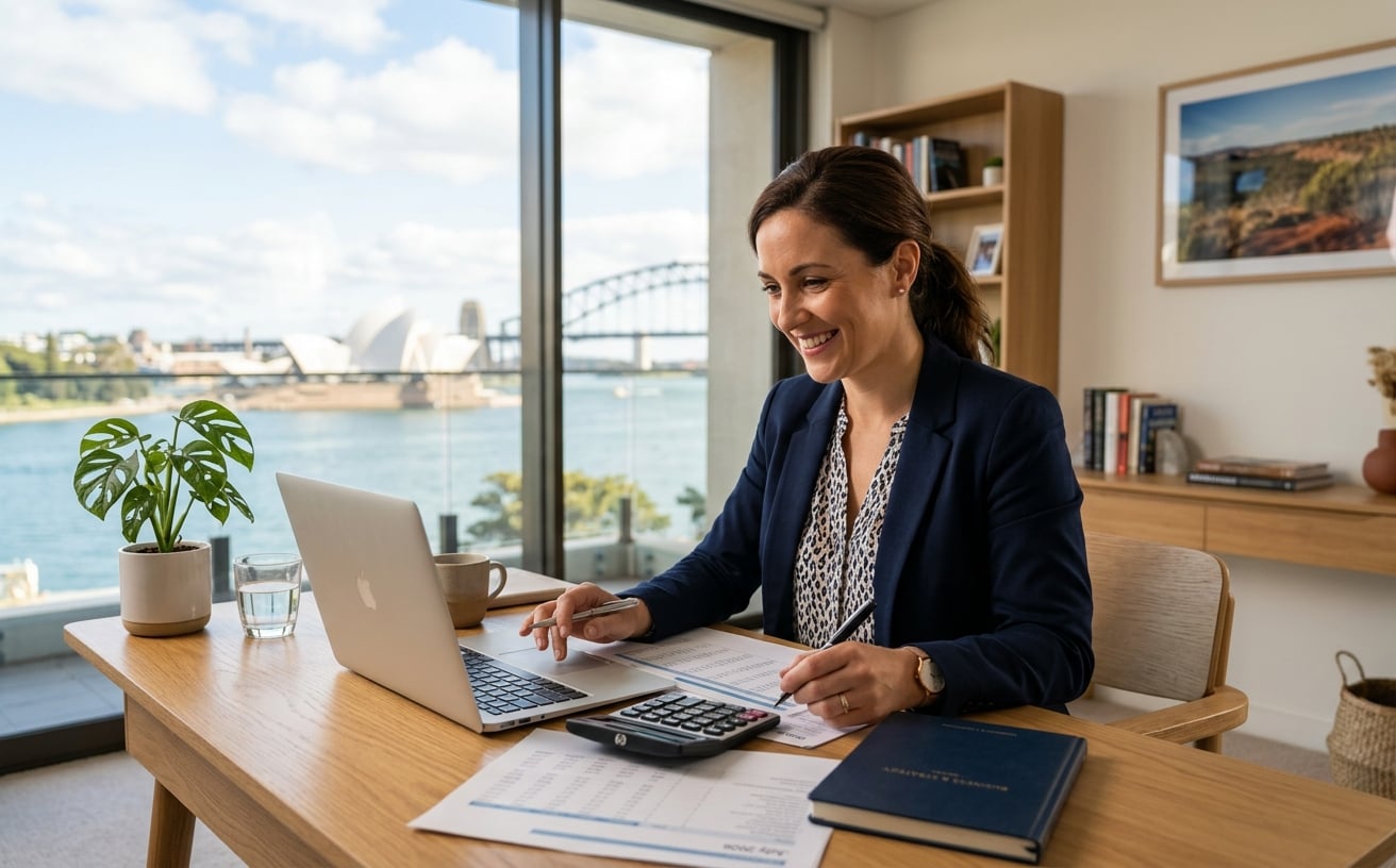 Australian business owner planning finances for the new 2026-27 financial year at a desk